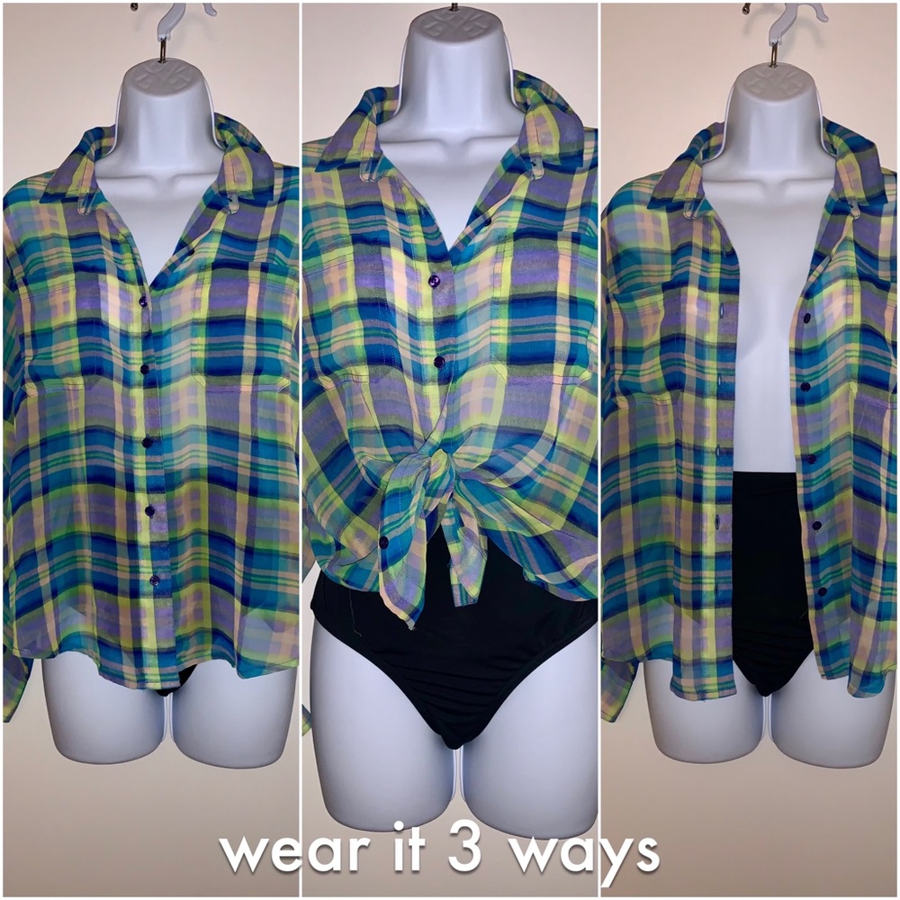 Semi-Sheer Plaid Checked Button Down Top